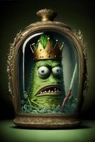 green monster wearing a crown and holding a knife. generative ai. photo