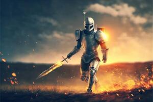 man in armor holding a sword in a field. . photo
