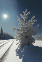 snow covered tree in the middle of a snowy field. . photo