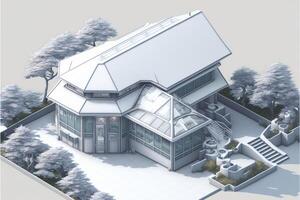 an aerial view of a house in the snow. . photo