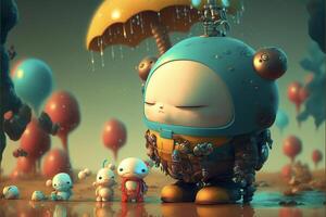 dibujos animados personaje en pie en frente de un manojo de globos generativo ai. foto
