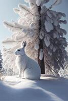 blanco Conejo sentado en el nieve siguiente a un árbol. generativo ai. foto