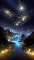 there is a waterfall in the middle of the night. . photo