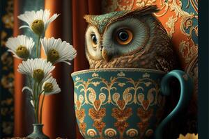 an owl that is sitting in a cup. . photo