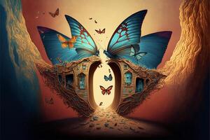 a painting of a house with butterflies coming out of it. . photo