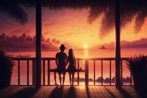 couple sitting on a bench watching the sunset. . photo