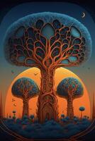 a group of trees sitting on top of a lush green field. . photo