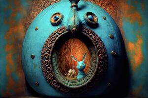 a blue vase with a picture of a rabbit inside of it. . photo