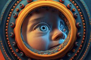 a close up of a childs face in a circular mirror. . photo