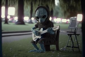 estatua de un extraterrestre jugando un guitarra. generativo ai. foto