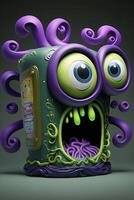 purple and green monster figurine sitting on top of a table. . photo