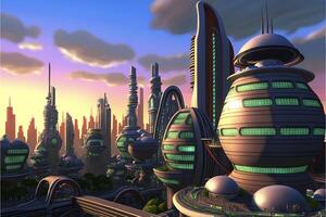 futuristic city with a lot of tall buildings. . photo