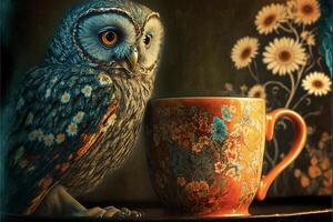 an owl sitting on a table next to a coffee cup. . photo