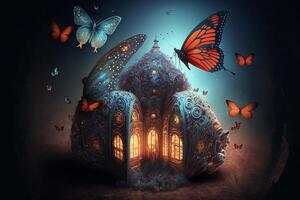 a fairy house with butterflies flying around it. . photo