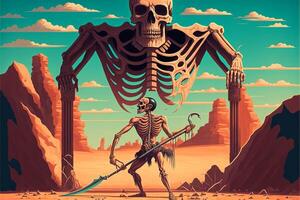 skeleton standing in the desert with a sword. . photo