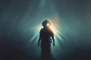 man in a diving suit standing in the water. . photo