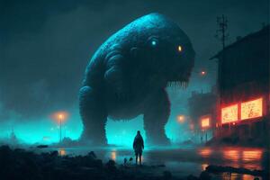 person standing in front of a giant monster. . photo