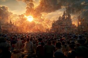 crowd of people standing in front of a castle. . photo