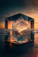 un hielo cubo sentado en parte superior de un playa. generativo ai. foto