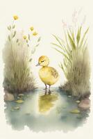 watercolor painting of a duck in a pond. . photo