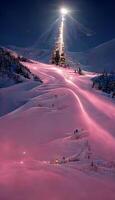 group of people riding skis down a snow covered slope. . photo