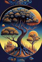 a painting of a tree with a castle in the background. . photo