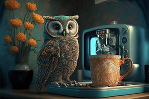 an owl sitting on a tray next to a coffee cup. . photo