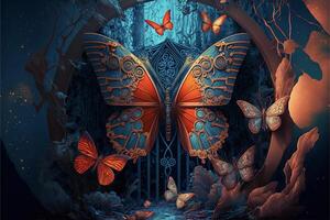 un pintura de un mariposa portón rodeado por mariposas generativo ai. foto