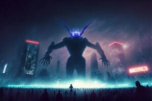 giant robot standing in front of a crowd of people. . photo