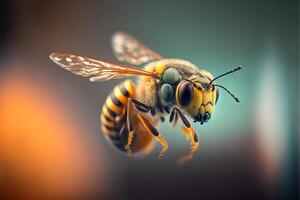 cerca arriba de un abeja volador mediante el aire. generativo ai. foto