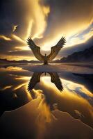 large bird flying over a body of water. . photo
