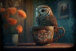 an owl sitting on top of a coffee cup. . photo