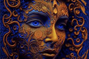 a close up of a womans face with blue eyes. . photo