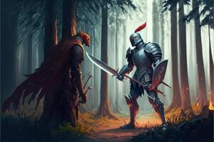 hombre en armadura participación un espada en un bosque. generativo ai. foto