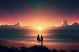 couple of people standing on top of a beach. . photo