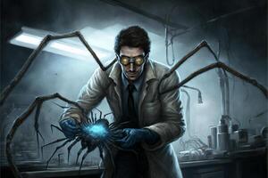 man in a lab coat holding a spider. . photo