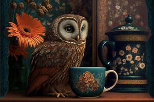 an owl sitting on a shelf next to a coffee cup. . photo