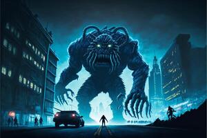 man standing in the middle of a street next to a giant monster. . photo