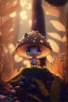small mushroom sitting on top of a lush green field. . photo