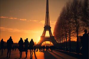 group of people walking in front of the eiffel tower. . photo