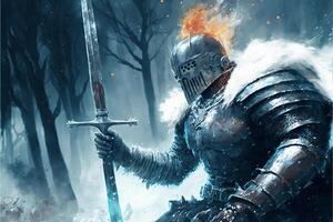 man in armor holding a sword in a snowy forest. . photo