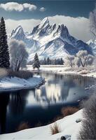 body of water surrounded by snow covered mountains. . photo