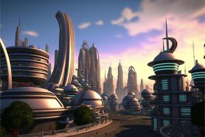 futuristic city with a lot of tall buildings. . photo