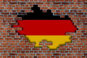 3D Flag of Germany behind the broken old stone wall background. photo