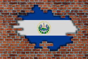 3D Flag of El Salvador behind the broken old stone wall background. photo