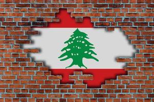 3D Flag of Lebanon behind the broken old stone wall background. photo