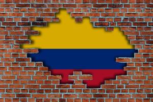 3D Flag of Colombia behind the broken old stone wall background. photo