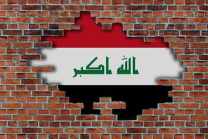 3D Flag of Iraq behind the broken old stone wall background. photo