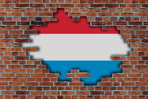 3D Flag of Luxembourg behind the broken old stone wall background. photo