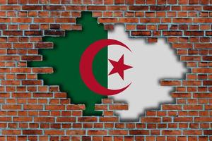 3D Flag of Algeria behind the broken old stone wall background. photo